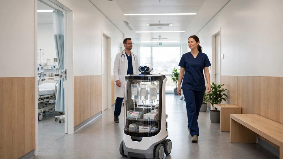 Moderne dansk hospitalsgang med robot der transporterer medicin og personale