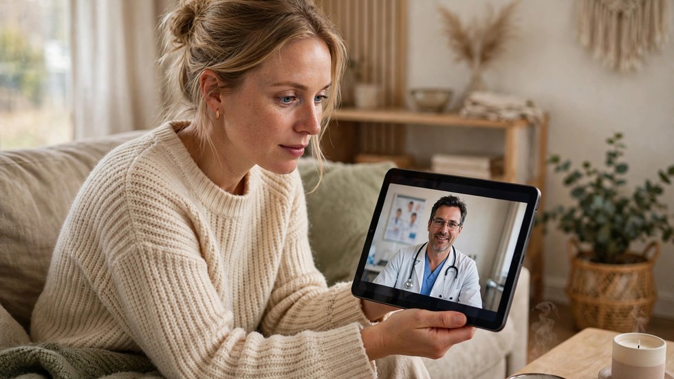 Dansk kvinde i videokonsultation med læge på tablet hjemme i stuen