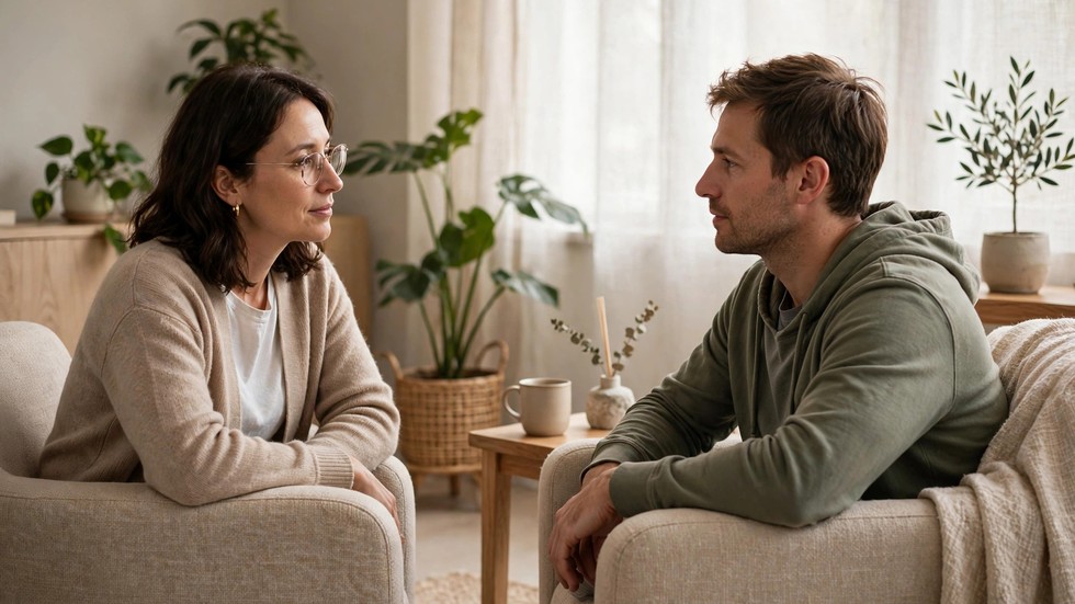 Psykolog i samtale med klient i roligt terapilokale