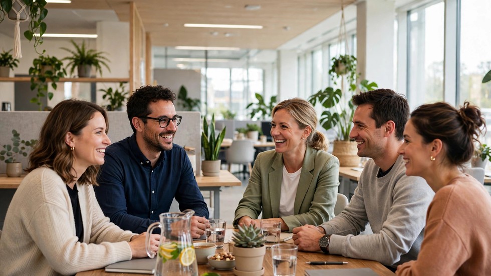 Medarbejdere i møde om trivsel på moderne dansk arbejdsplads