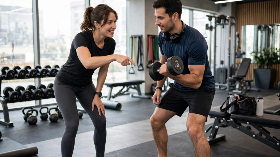 Personlig træner instruerer klient i moderne fitnesscenter