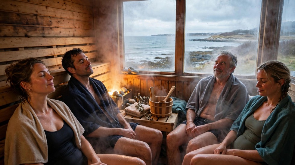 Mennesker i sauna ved dansk kyst efter vinterbadning