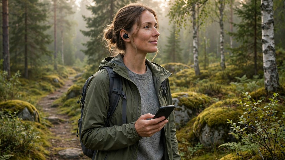 Kvinde lytter til podcast med høretelefoner på gåtur i naturen