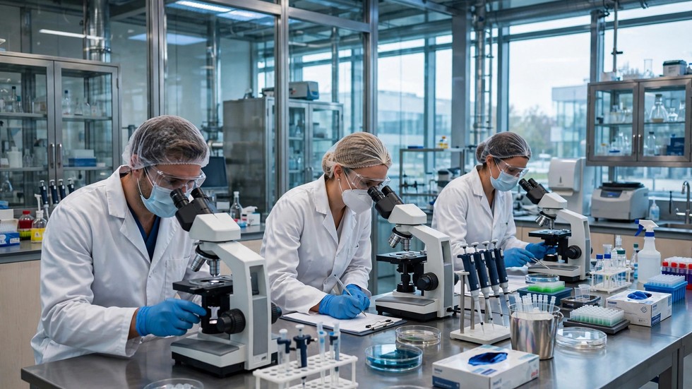 Moderne dansk laboratorium med forskere i beskyttelsesudstyr ved mikroskoper