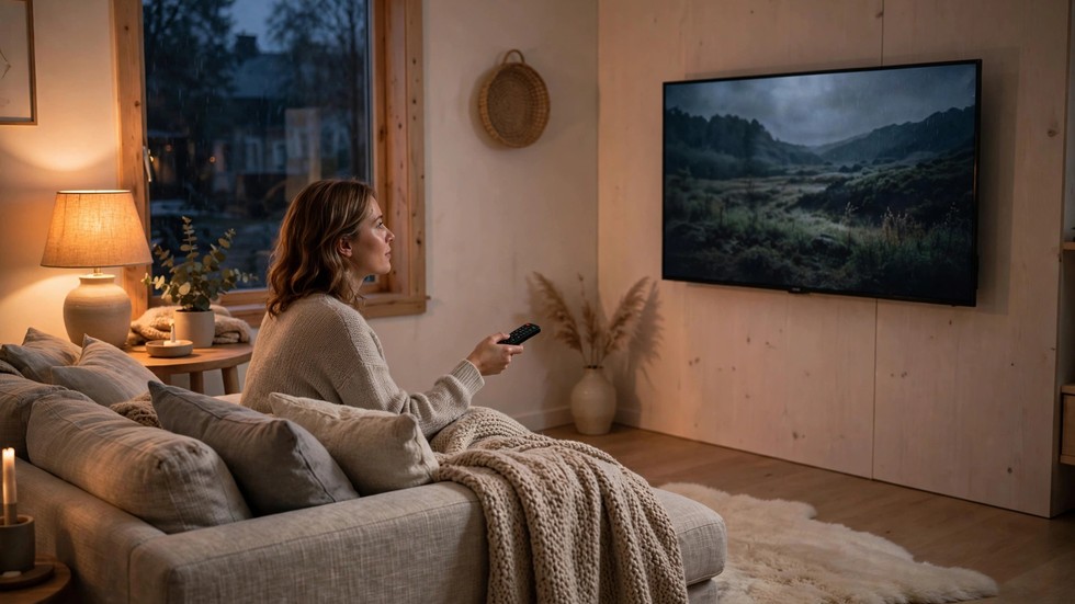 Streamingtjenester 2026: streaming-apps på en tv-skærm med fjernbetjening i forgrunden