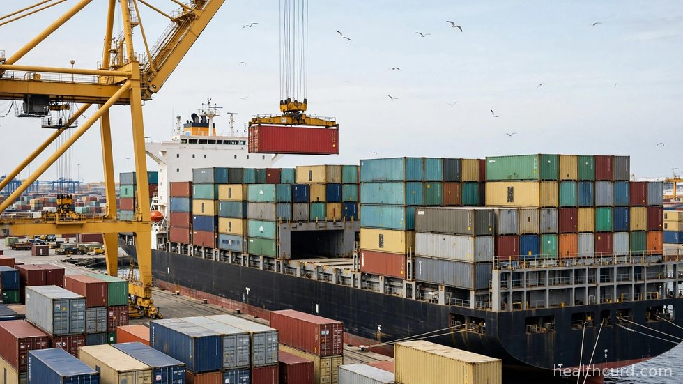 Containerskib lastes i en stor havn, et symbol på den globale verdenshandel i 2026.