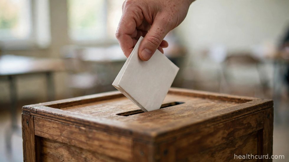 Hænder der lægger en stemmeseddel i en valgurne, symbol på demokratiets tilstand og vælgernes tillid i 2026.