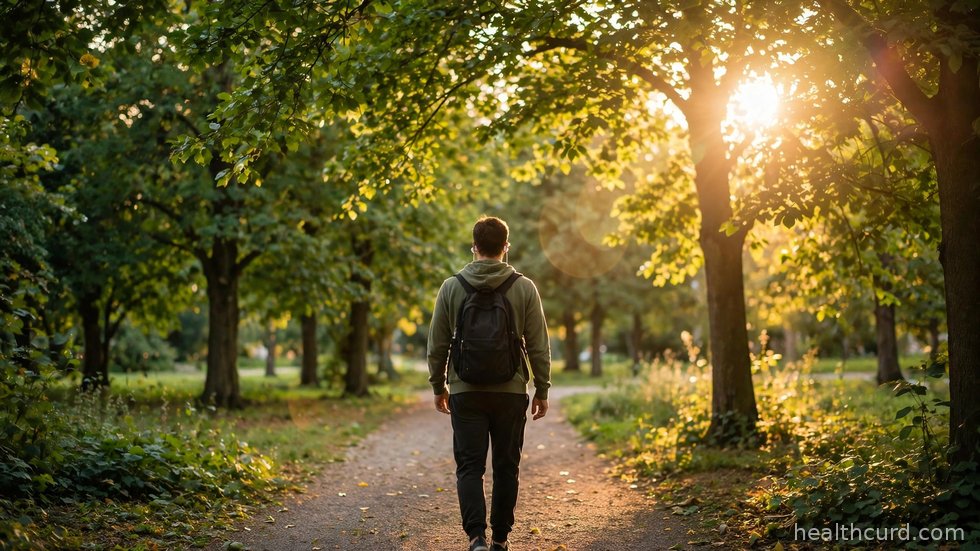 En person lytter til en lydbog med høretelefoner via en app på smartphonen under en gåtur i parken.