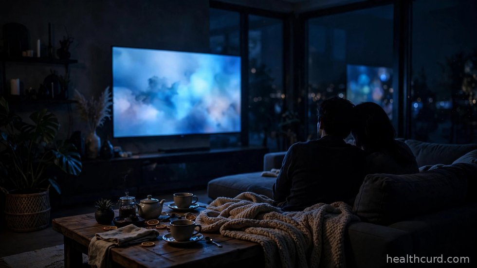 Et par ser en krimiserie på tv i en mørk stue med stemningsfuldt lys fra skærmen.