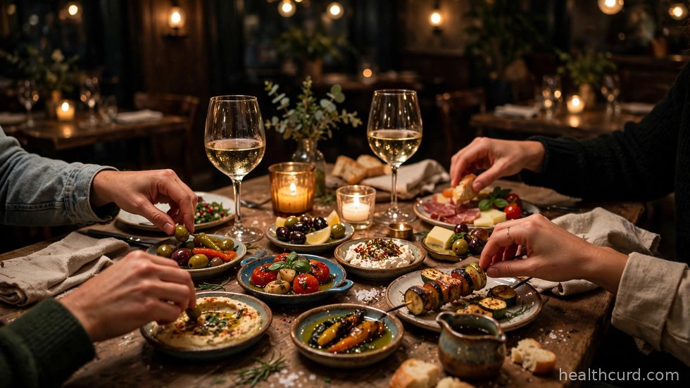 Venner deler mad ved et restaurantbord med flere små retter i hyggelig belysning.